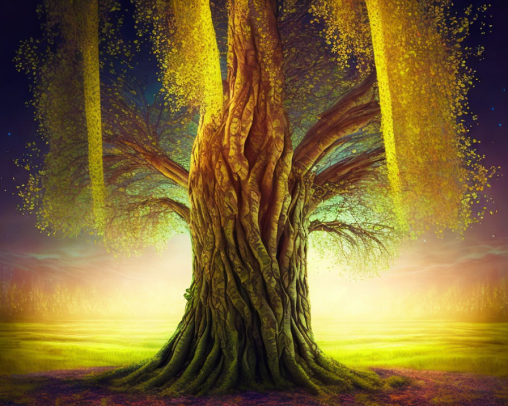 Mystical tree with textured trunk and golden leaves in twilight sky