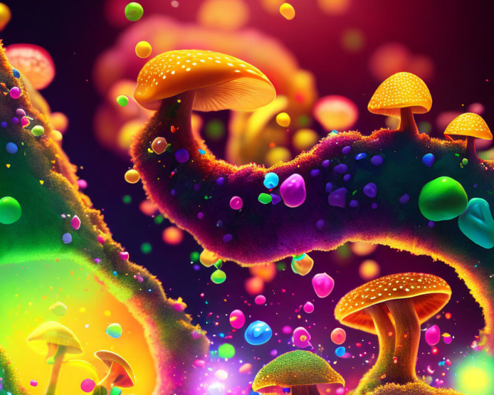 Colorful digital art: whimsical mushrooms and orbs in neon fantasy.