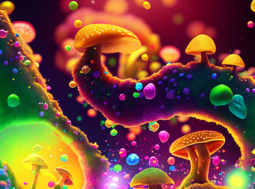 Colorful digital art: whimsical mushrooms and orbs in neon fantasy.