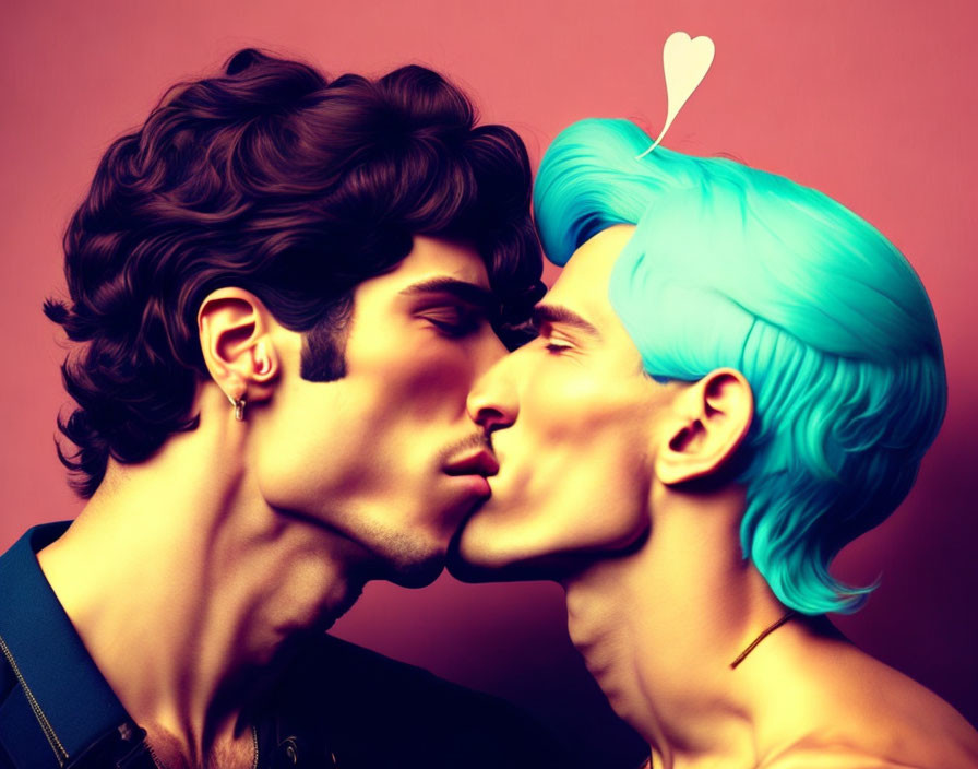 Stylized male figures with colorful hair kissing under heart symbol