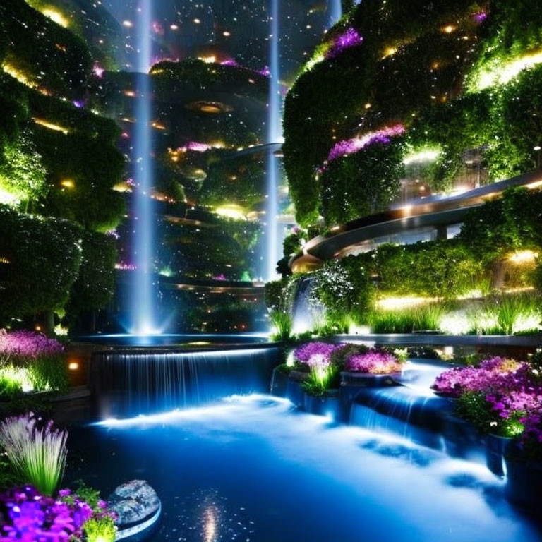 Futuristic garden with vertical greenery, waterfalls, and purple flowers at night