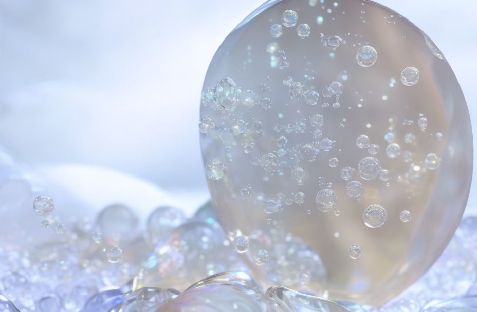 Translucent bubble with smaller bubbles on surface against soft blue background