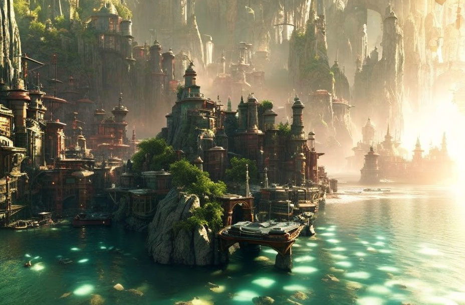 Ethereal fantasy city with towering rock formations and water views