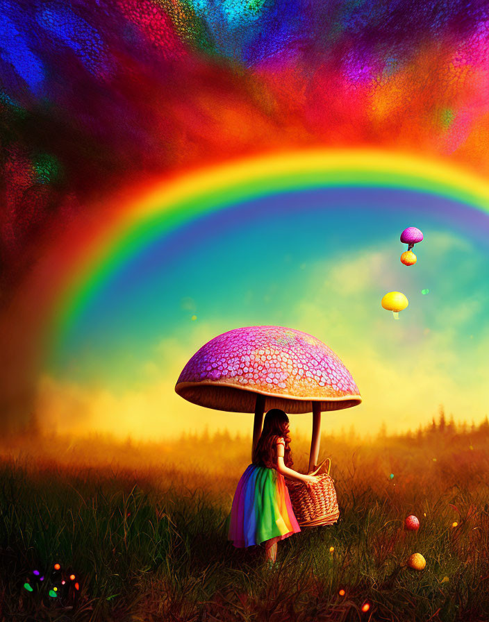 Colorful girl under giant mushroom in vibrant field with rainbow