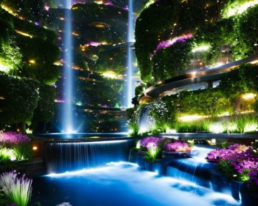 Futuristic garden with vertical greenery, waterfalls, and purple flowers at night