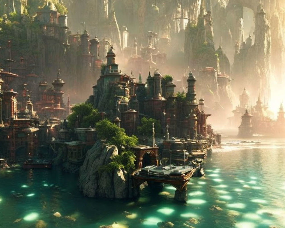 Ethereal fantasy city with towering rock formations and water views