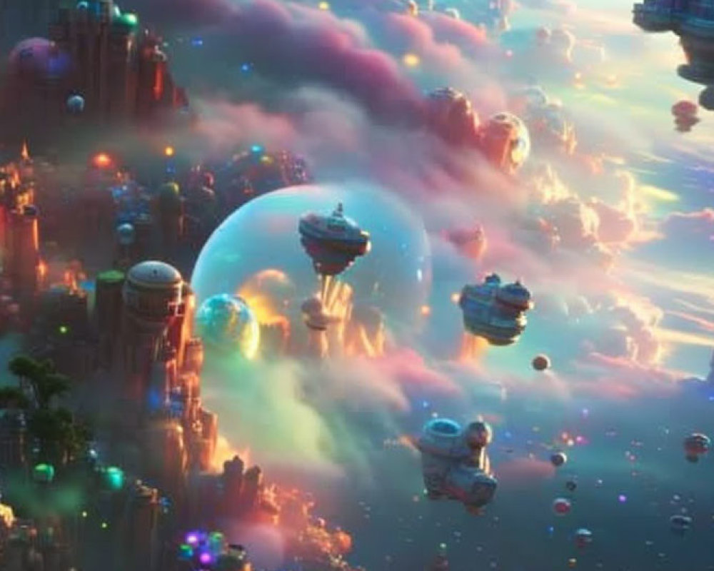 Futuristic cityscape with glowing buildings and floating structures in bubbles