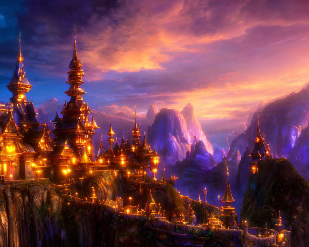 Fantasy landscape with illuminated towers on rugged cliffs at twilight