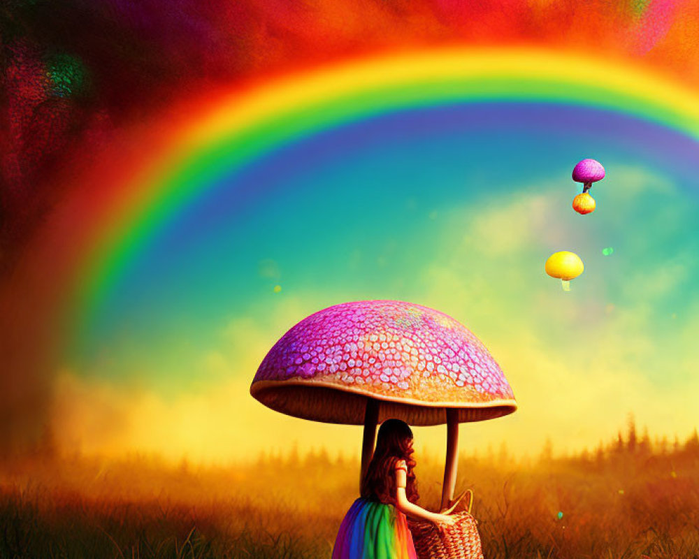 Colorful girl under giant mushroom in vibrant field with rainbow