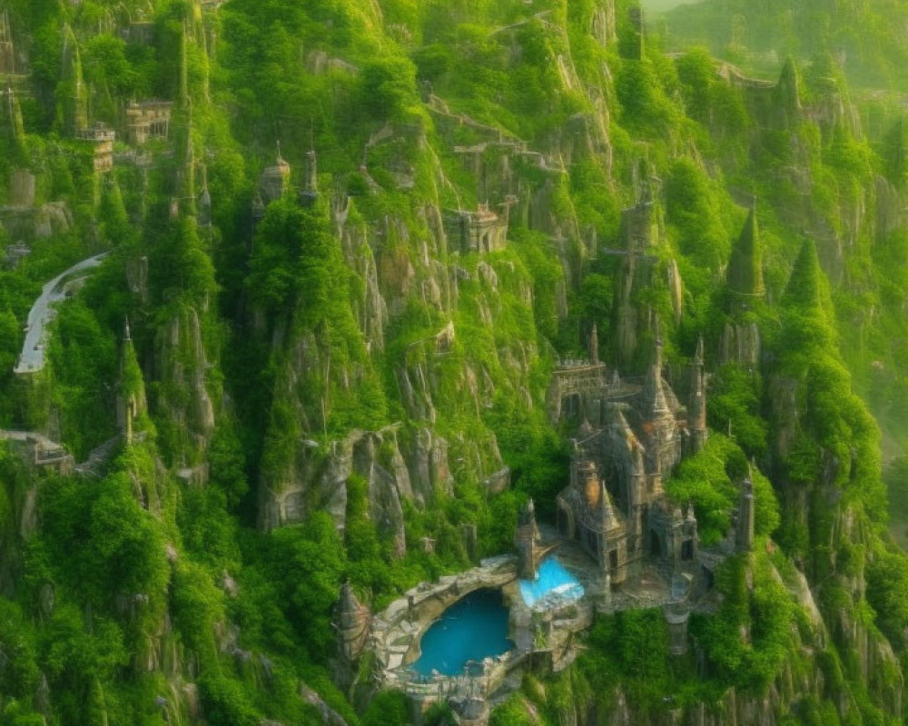 Karst pillar landscape with ancient-style buildings and turquoise pool.