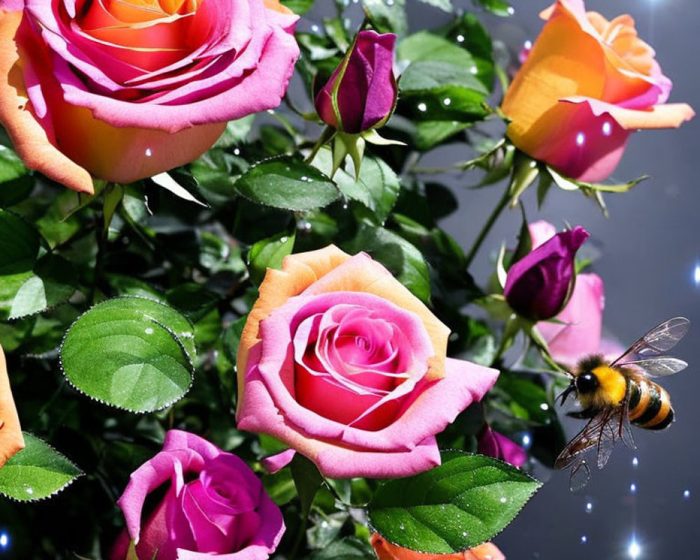 Colorful pink and purple roses with dewdrops, bumblebee in flight, set on dark background