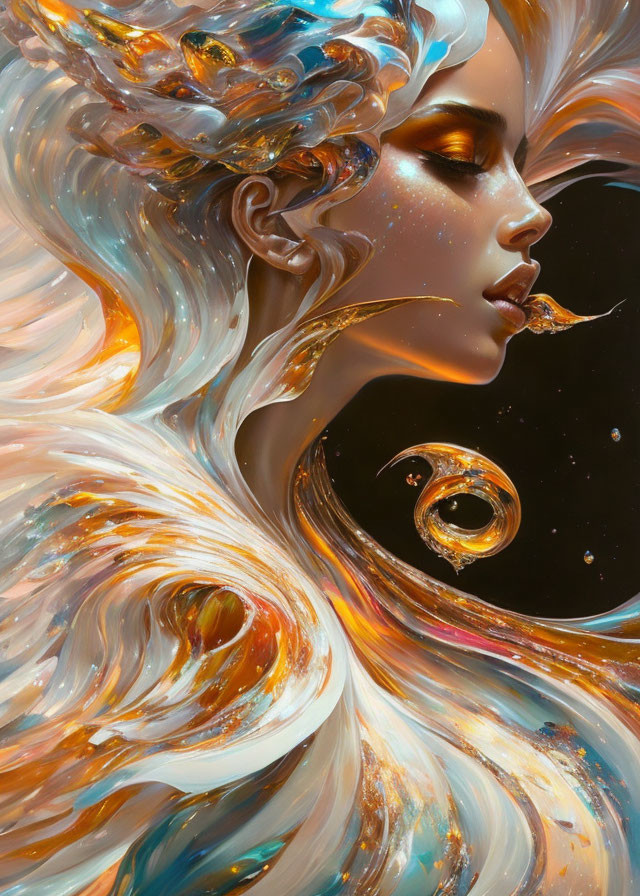 Surreal portrait: woman with golden features & swirling hair in cosmic background.