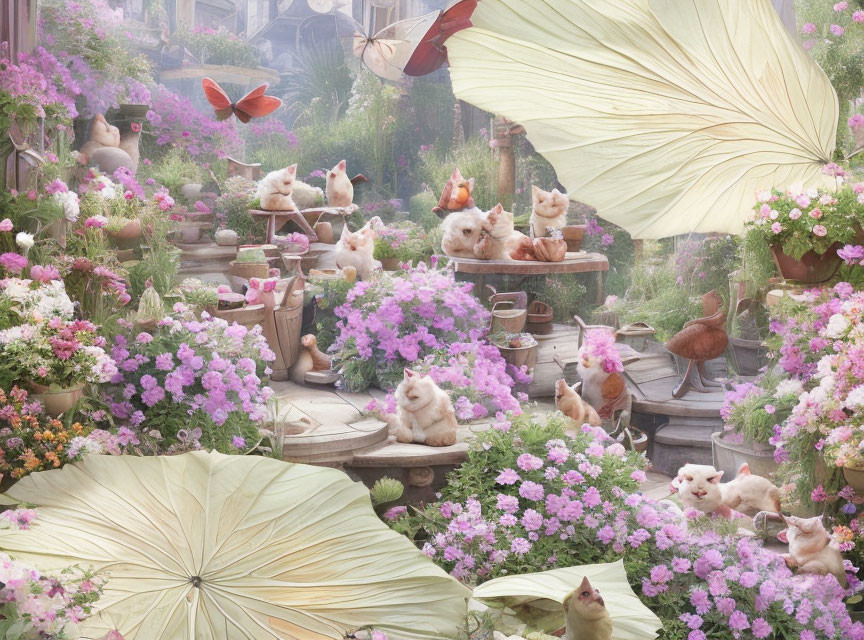 Whimsical garden scene with playful cats, flowers, leaves, and butterflies