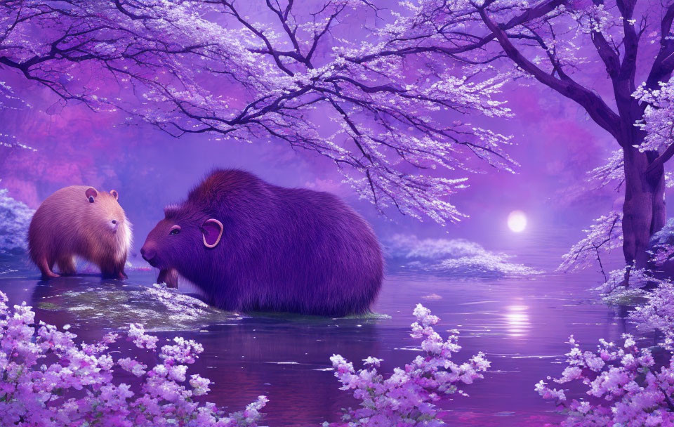 Capybaras under cherry blossoms at dusk by water, serene purple ambiance