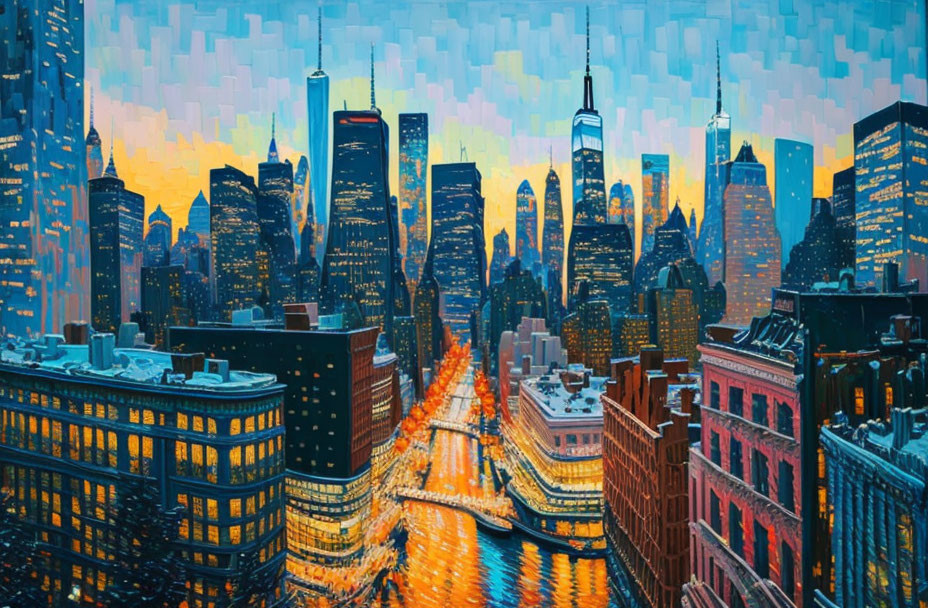 Vibrant cityscape painting with skyscrapers at twilight