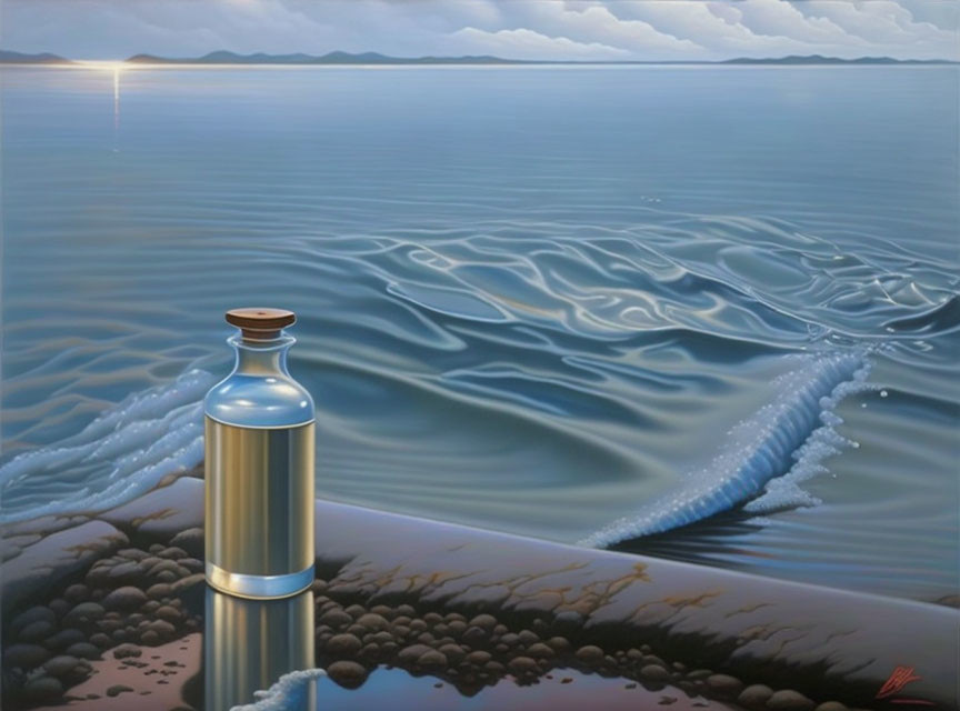 Tranquil seascape with metallic bottle, calm water, distant sparkle, clear sky