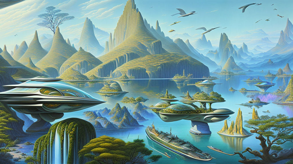 Futuristic landscape with flying vehicles, mountains, forests, lakes, and birds