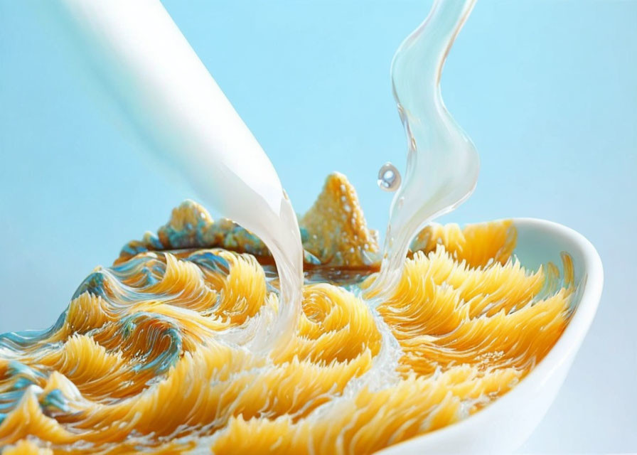 Pouring Milk into Curly Fusilli Pasta Bowl on Blue Background