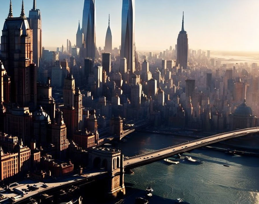 City skyline with skyscrapers and bridge under golden sunlight