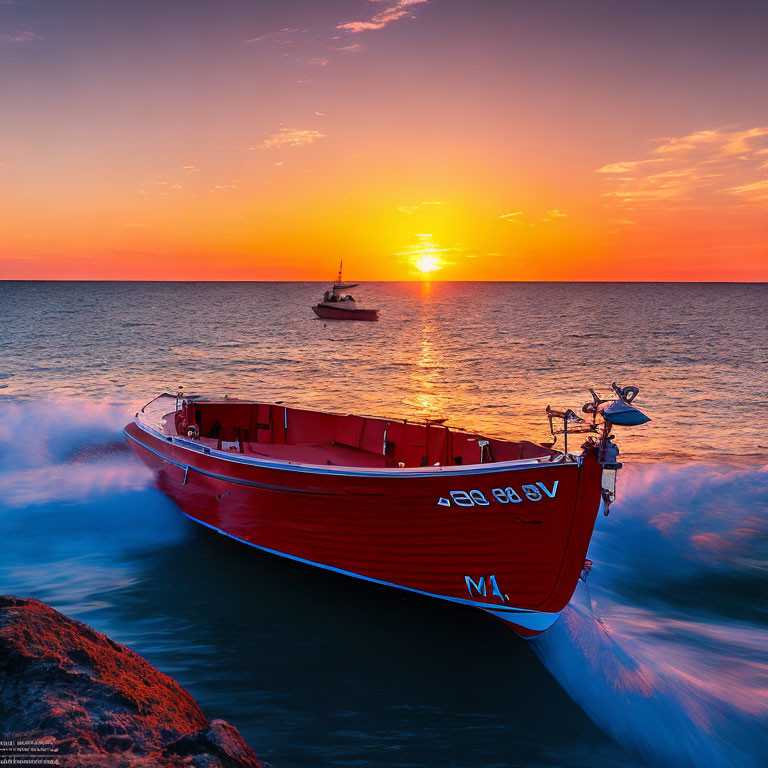 Scenic sunset over ocean with red boat in foreground