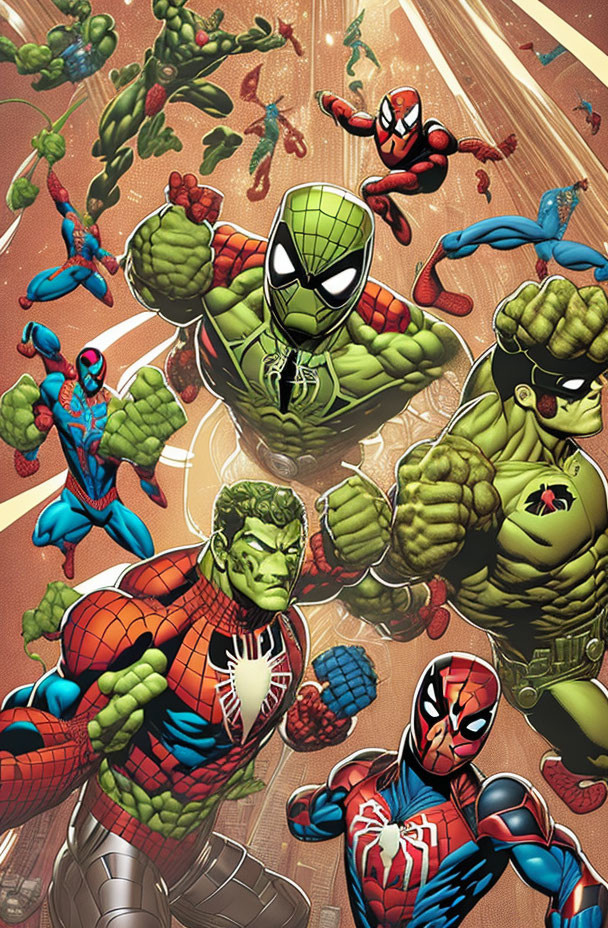 Dynamic Spider-Man and Hulk illustrations with flying green creatures