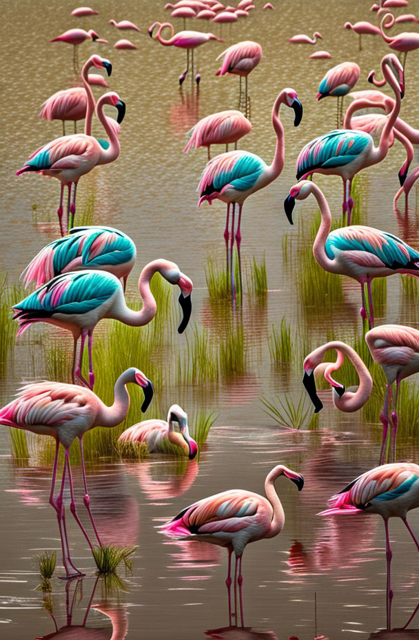 Pink flamingos in shallow water with golden reeds backdrop