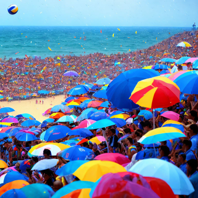 Crowded beach scene with colorful umbrellas and beach balls under blue sky