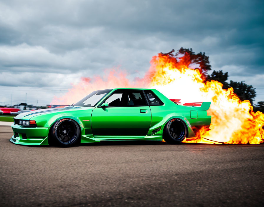 Green Wide Body Sports Car Emitting Flames on Asphalt against Cloudy Sky