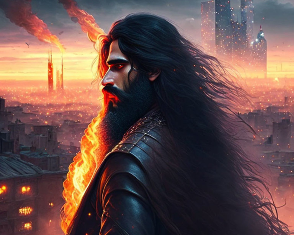 Bearded man gazes over fiery dystopian cityscape at dusk