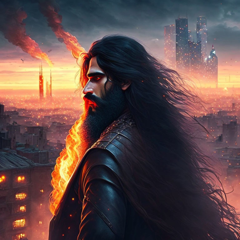 Bearded man gazes over fiery dystopian cityscape at dusk