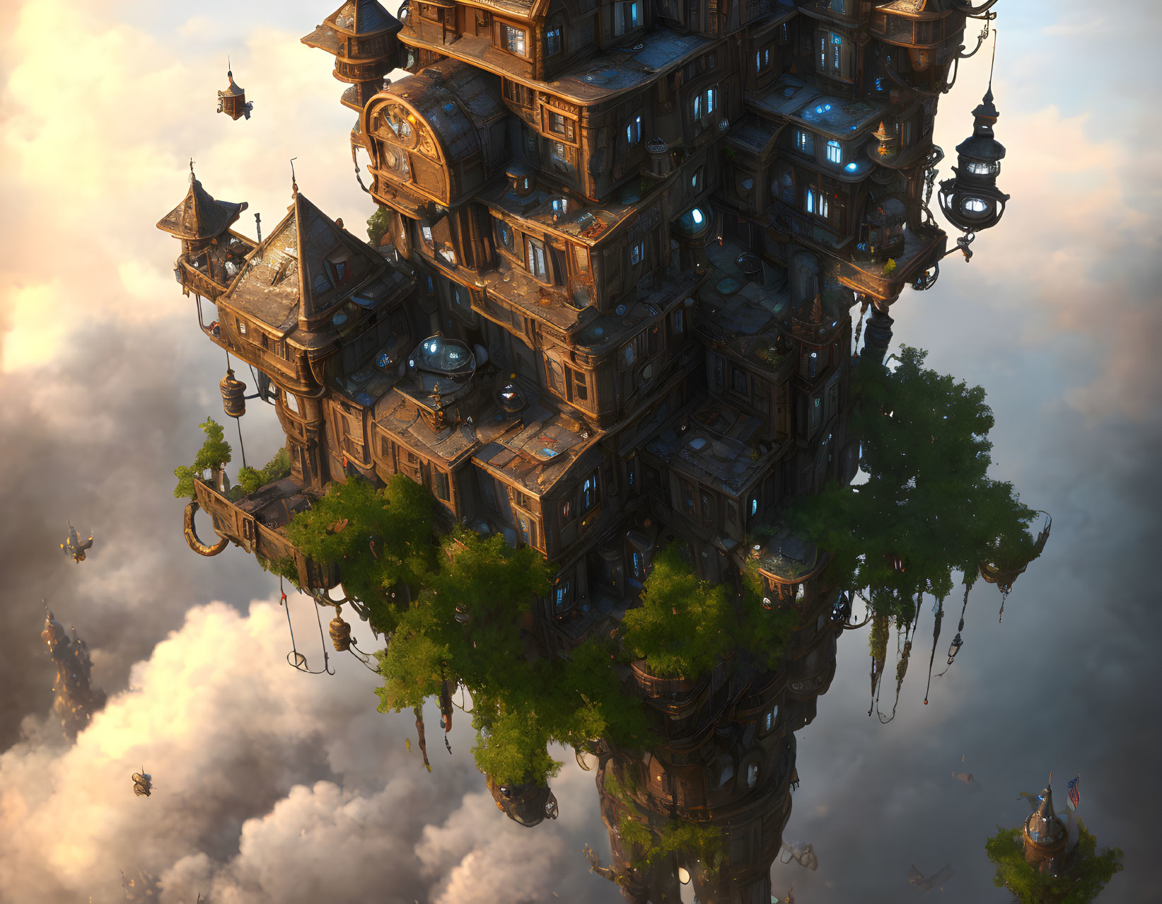 Intricate Steampunk Tower with Wooden Balconies and Gears