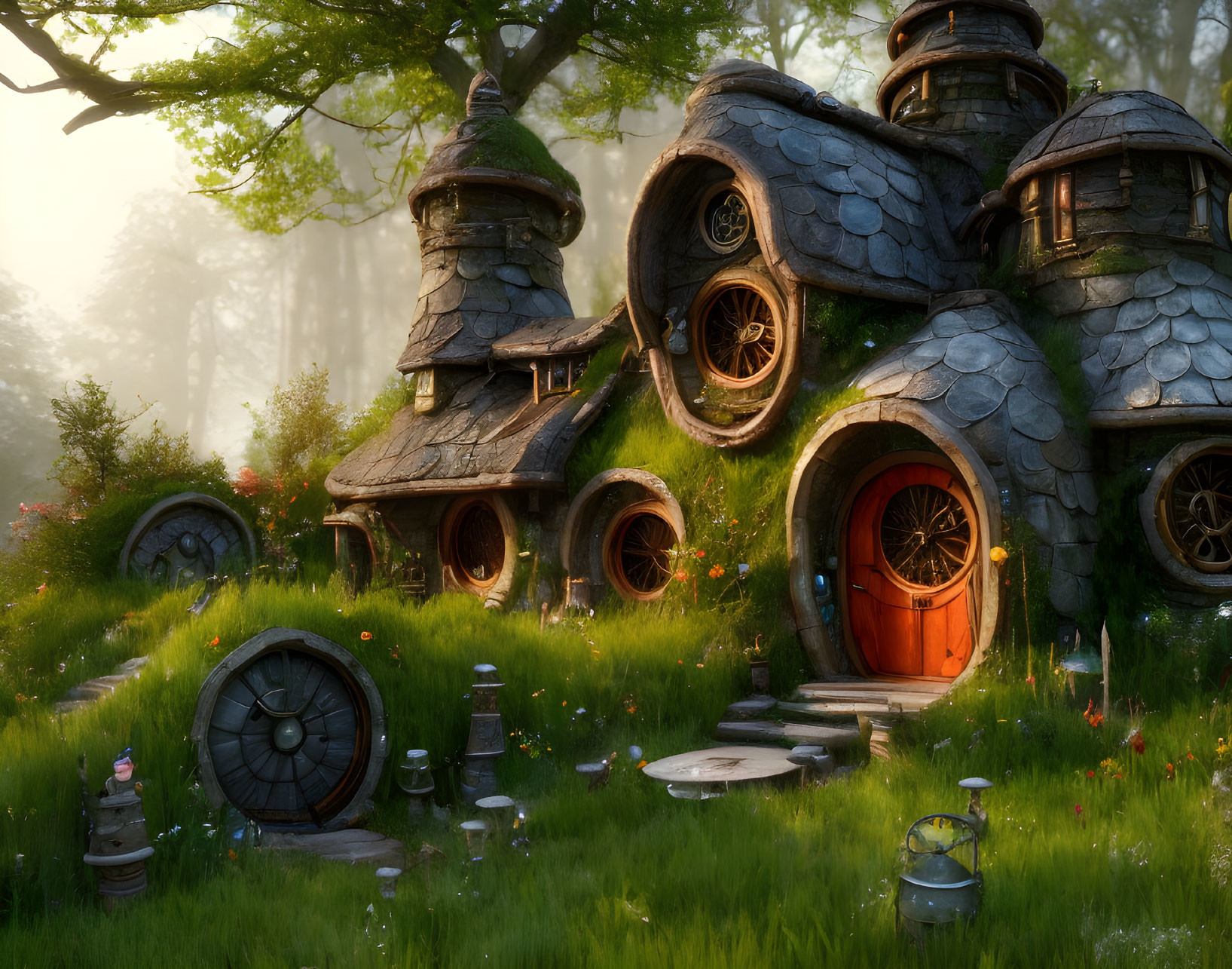 Whimsical round door hobbit houses in sunlit forest clearing