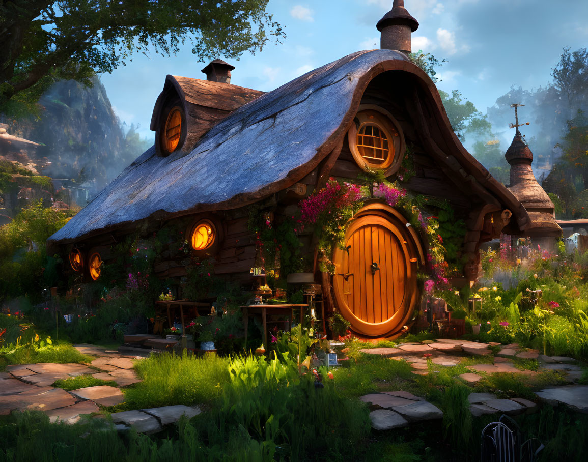 Cozy cottage with large round door in lush garden under twilight sky