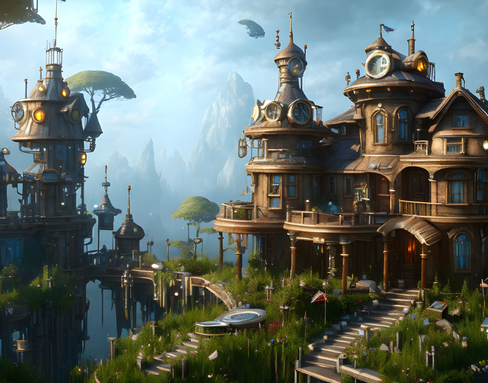 Fantasy steampunk-style architecture with wooden houses, airships, and floating islands in a mountain