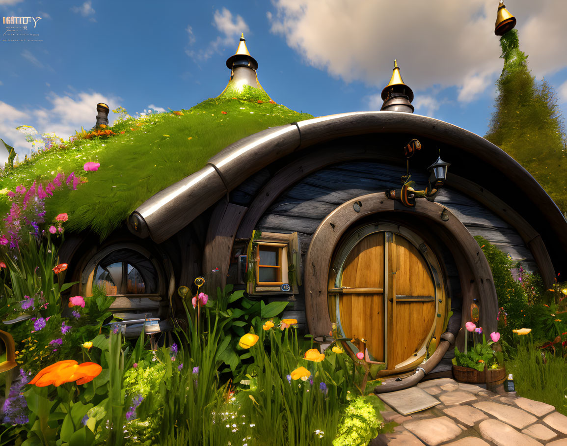 Charming hobbit-style house with round wooden door and flower-covered hill roof