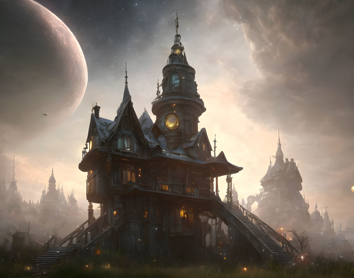 Victorian-style mansion in twilight with moon and dirigibles