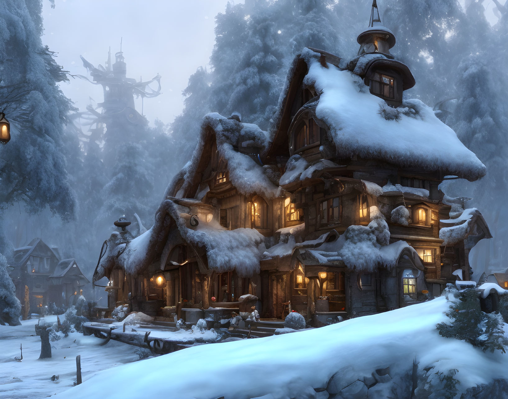 Snow-covered cottage in tranquil winter landscape at dusk