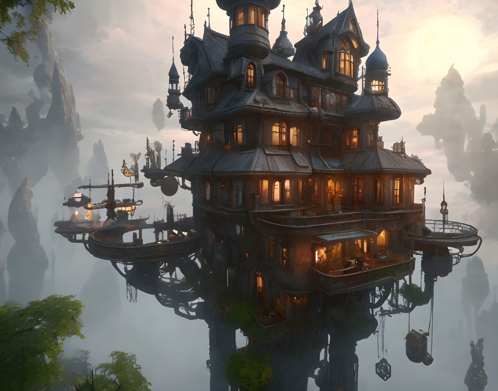 Mystical floating mansion with multiple levels against rocky backdrop at dusk