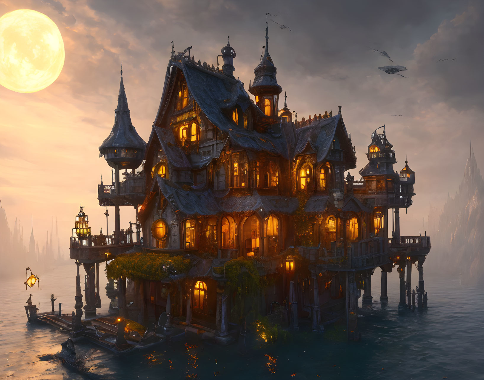 Fantasy-style stilted house under full moon by the sea with warm lights, birds, and