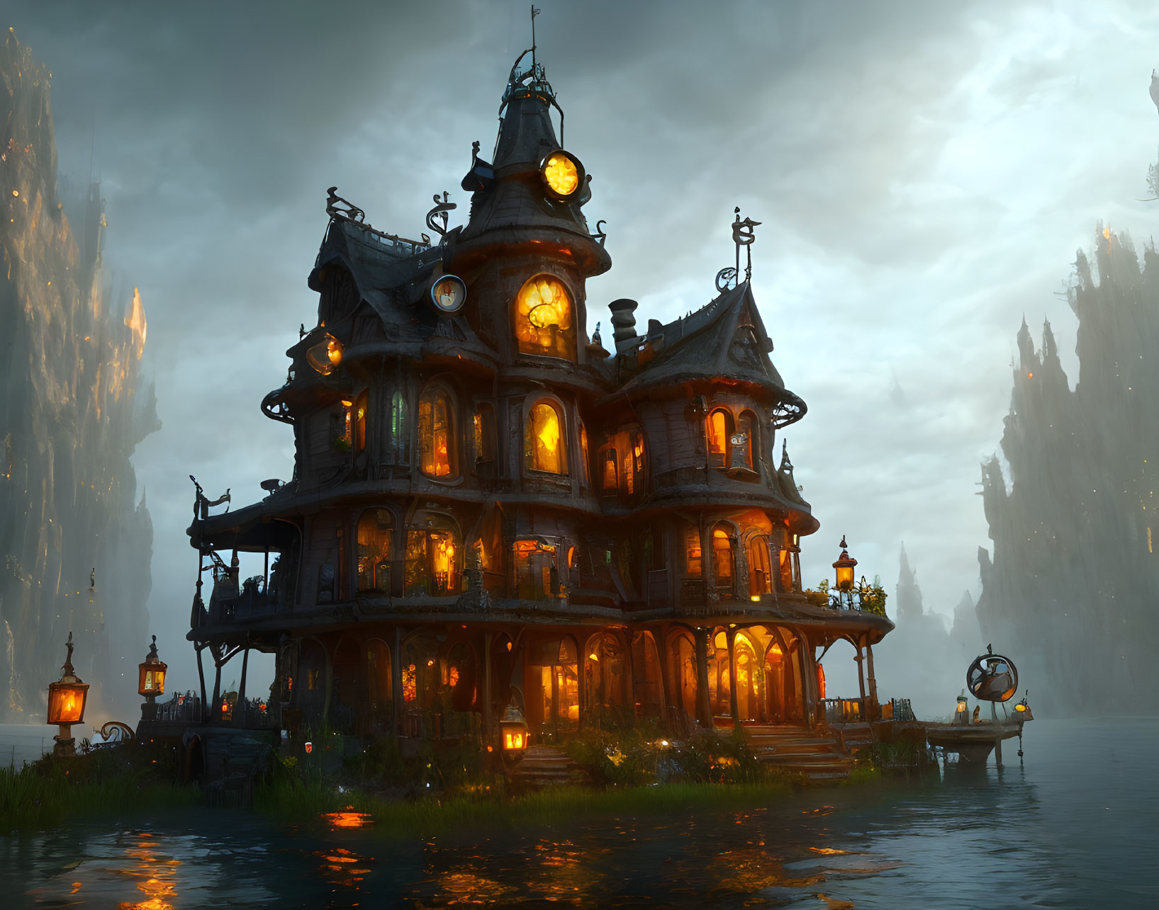 Fantasy artwork: Victorian-style house on lake with misty cliffs