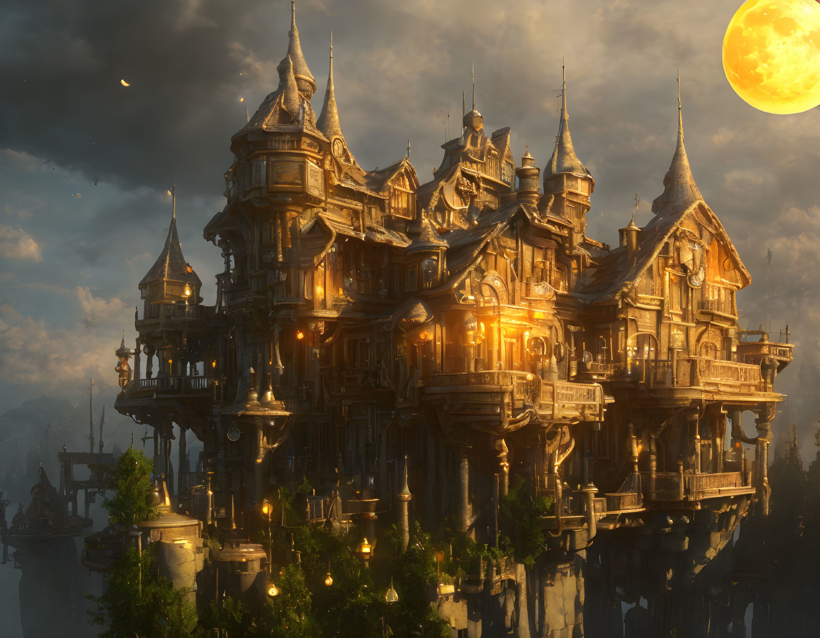 Golden castle on cliff under twilight sky with moon and floating islands