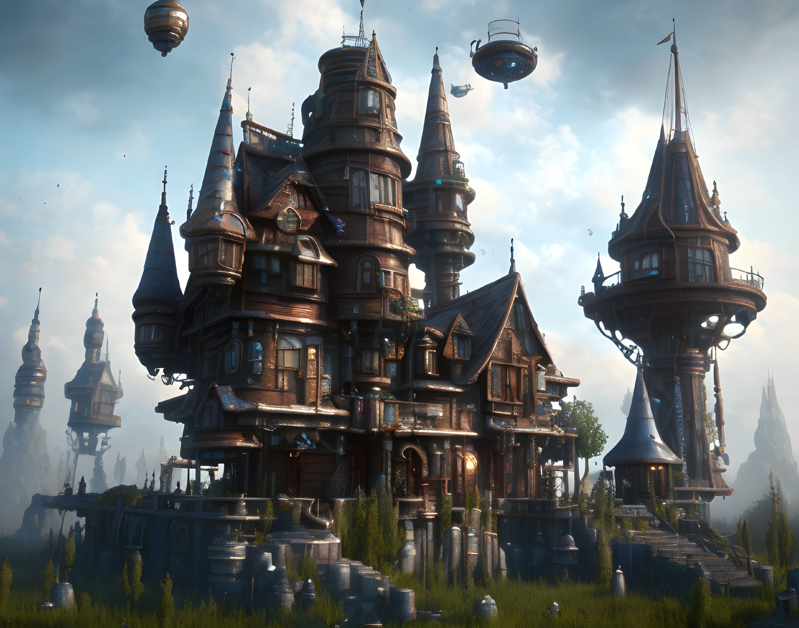 Intricate wooden buildings, floating islands, and airships in serene sky