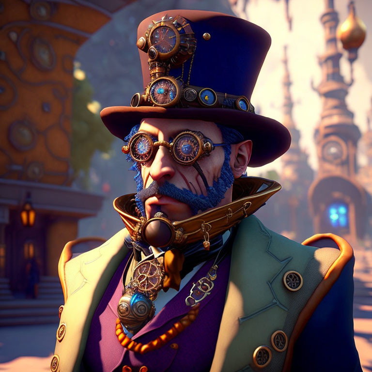 Steampunk gentleman with top hat and monocle in clockwork city.