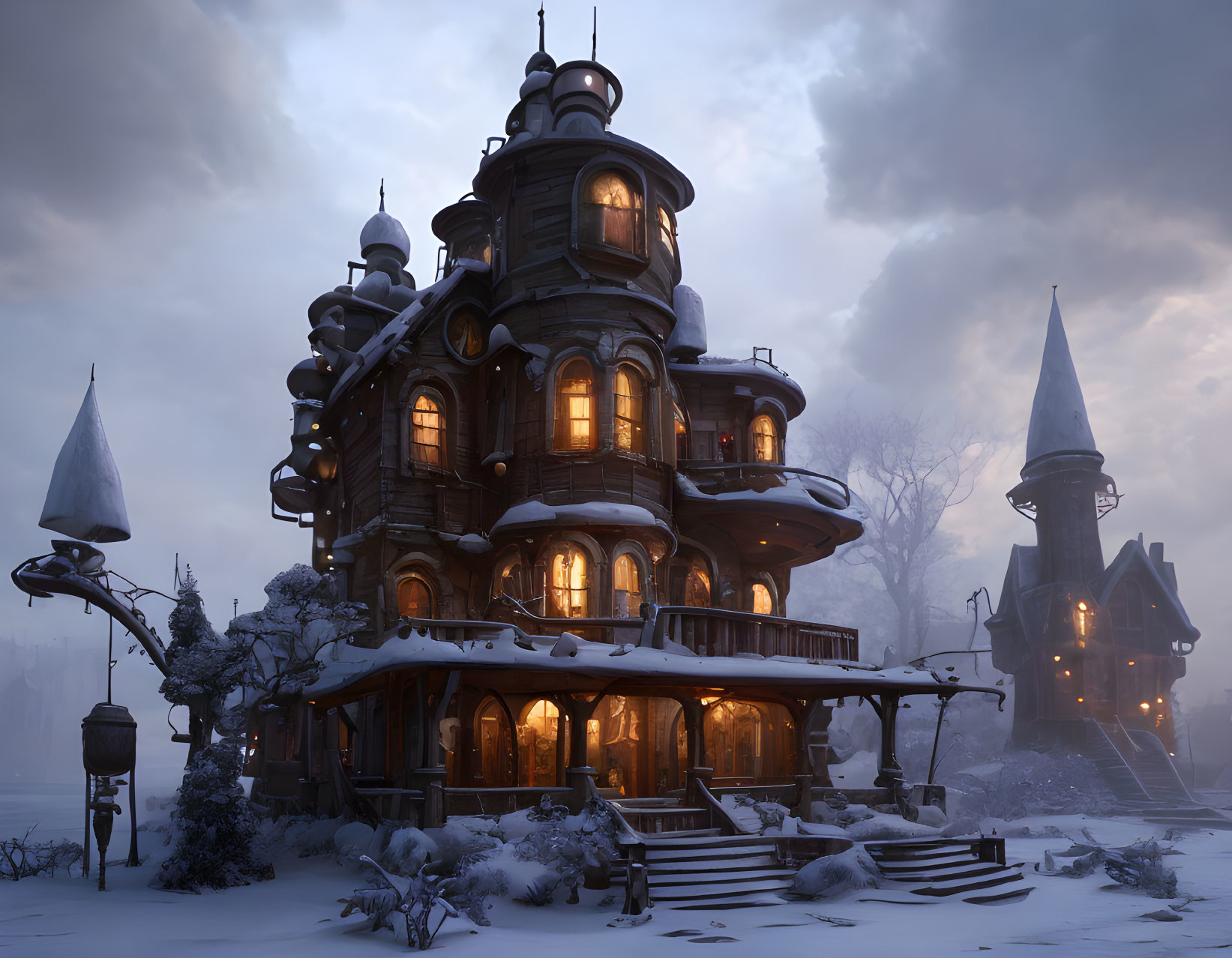 Whimsical multi-story fantasy house in snowy evening setting