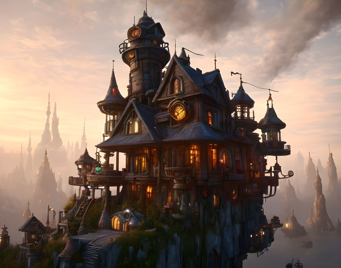 Victorian mansion on floating island with glowing windows at twilight