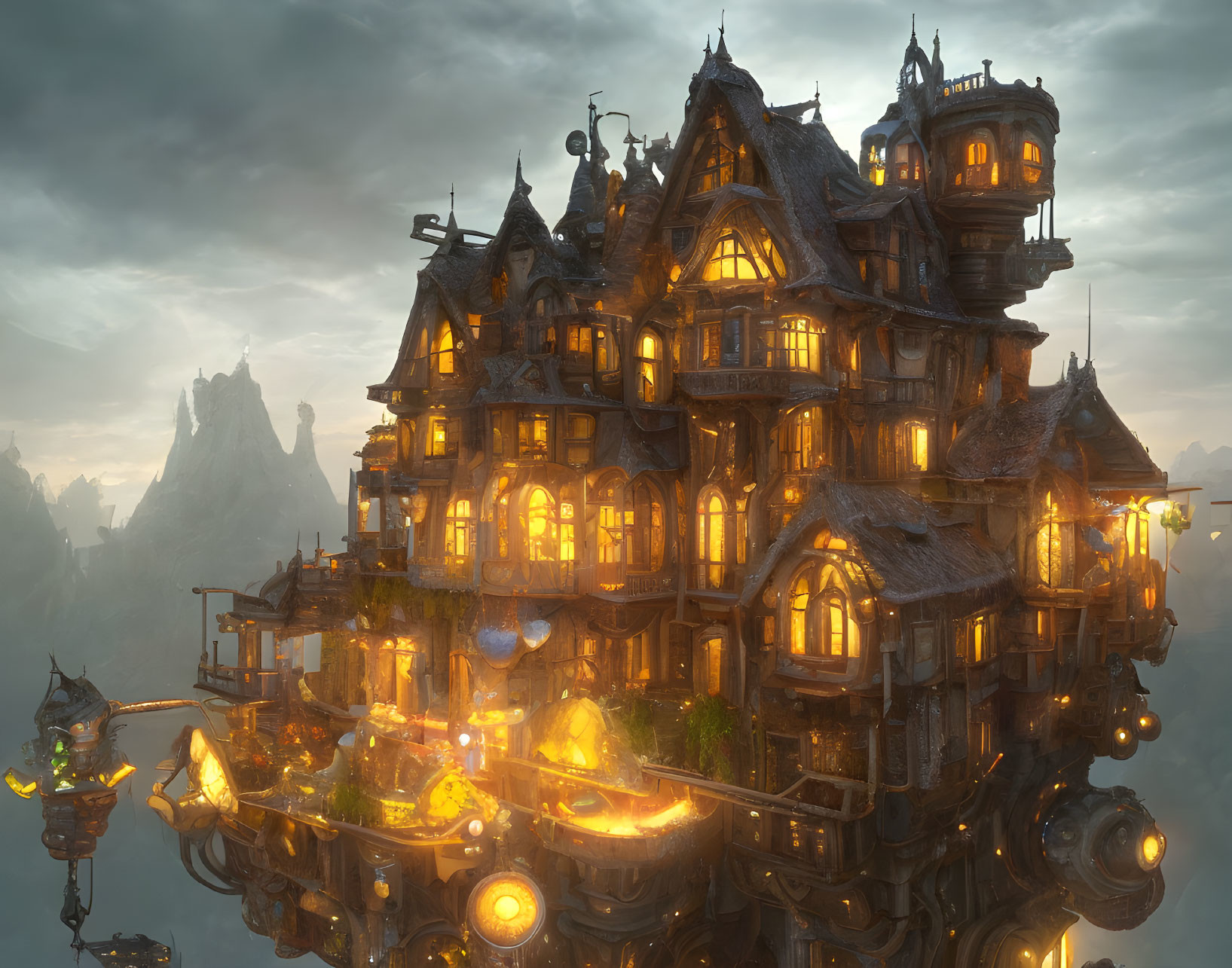 Fantastical multistoried mansion on rock in misty mountain twilight