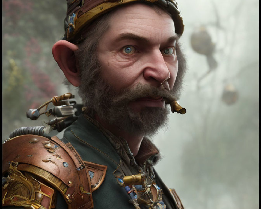 Detailed portrait of fantasy character with pointed ears, crown, ornate armor, in foggy forest smoking