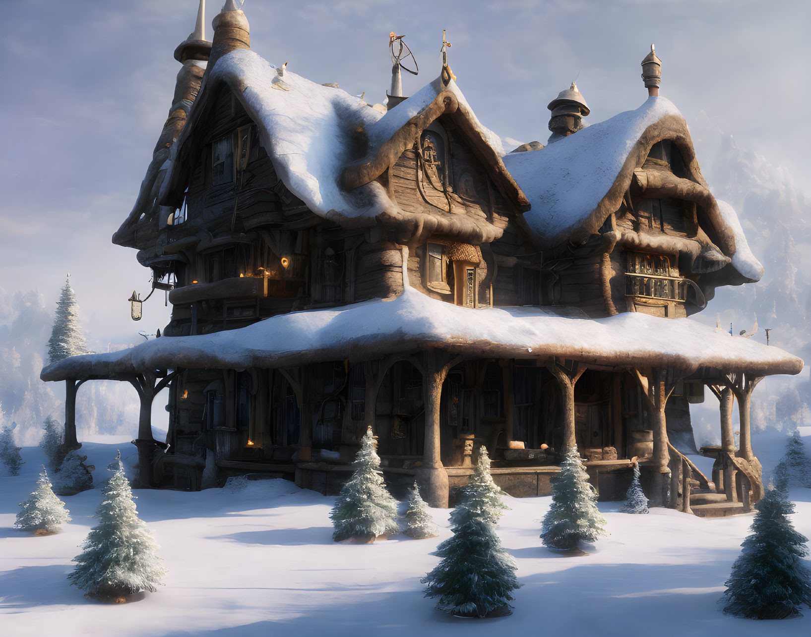 Snow-covered whimsical wooden house with curved roofs and frosty pine trees under a soft winter sky