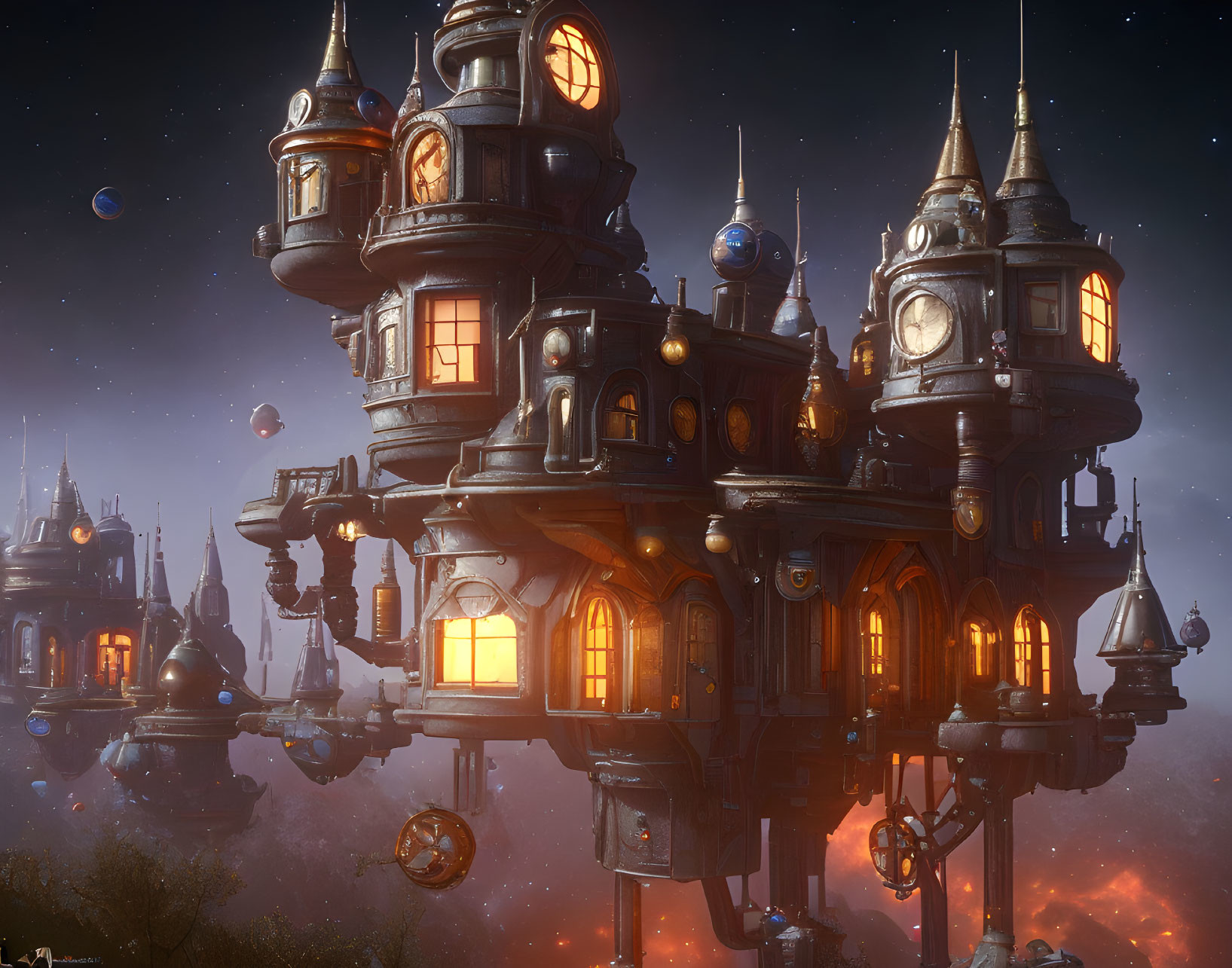 Fantastical Steampunk Castle Floating in Night Sky