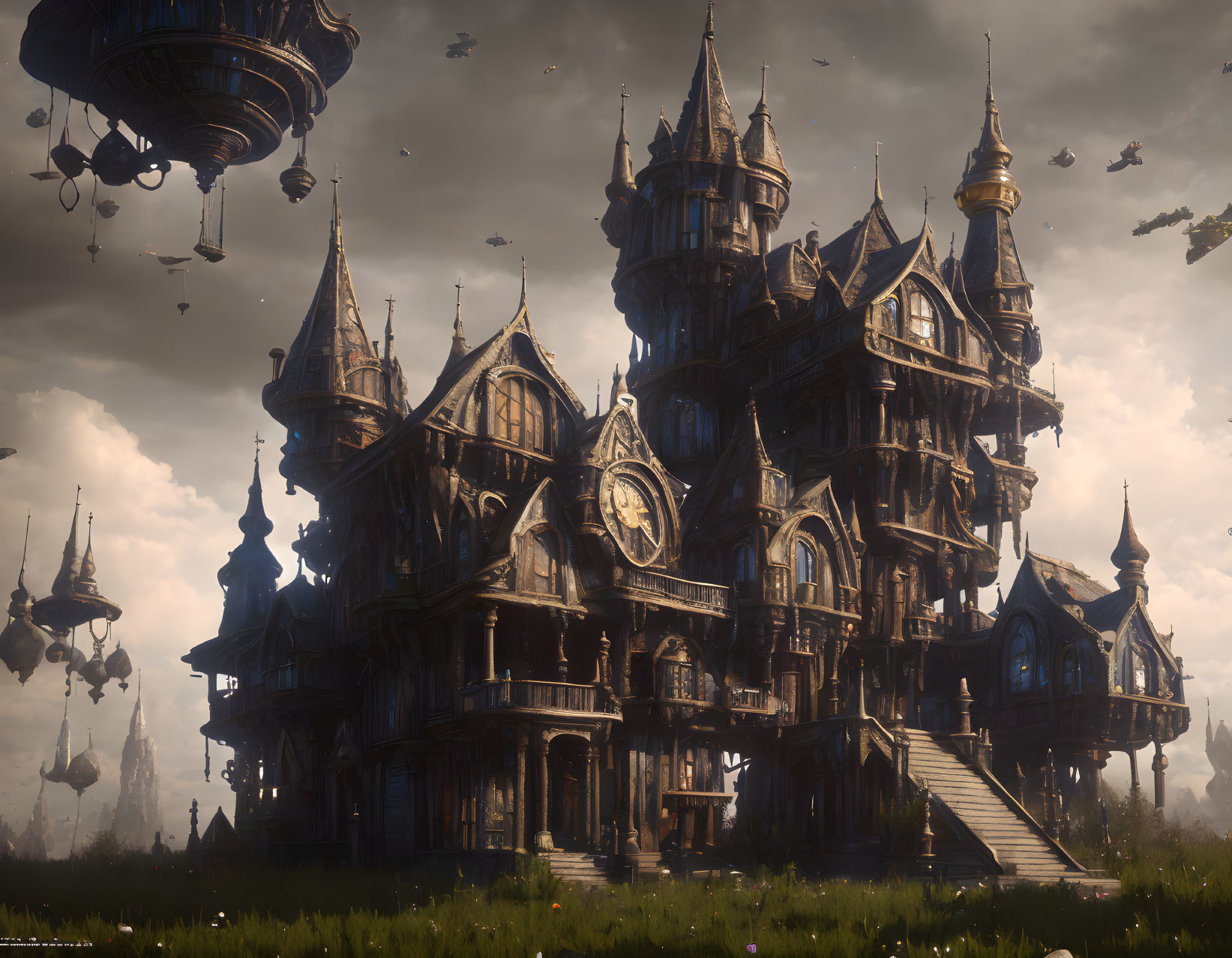 Gothic-style fantasy mansion with floating islands and airships in cloudy sky.